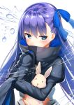  1girl bangs blue_eyes blue_ribbon blush covered_mouth eyebrows_visible_through_hair fate/extra fate/extra_ccc fate_(series) hair_between_eyes hand_up hands_in_sleeves juliet_sleeves kurotobi_rarumu long_hair long_sleeves looking_at_viewer meltlilith object_hug puffy_sleeves purple_hair rabbit ribbon simple_background solo stuffed_animal stuffed_bunny stuffed_toy tsurime upper_body very_long_hair water_drop white_background 
