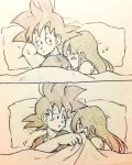  1boy 1girl back_turned bed bed_sheet black_eyes black_hair chi-chi_(dragon_ball) closed_eyes comic couple dragon_ball expressionless long_hair looking_at_another monochrome panels pillow short_hair silent_comic simple_background sleeping sleepy son_gokuu spiky_hair tkgsize zzz 