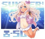  1girl bikini blonde_hair blue_eyes character_name food full_body hair_ribbon ice_cream kantai_collection long_hair looking_at_viewer one-piece_tan pink_jacket ribbon ro-500_(kantai_collection) sandals solo spoon striped striped_ribbon swimsuit tan tanline tobi_(nekomata_homara) white_bikini 