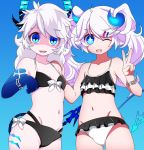  +_+ 2girls :d ;d bangs bikini black_bikini blue_background blue_eyes carlos_daniel chains chiliarch_(elsword) diabla_(elsword) dual_persona elsword eyebrows_visible_through_hair flat_chest frilled_bikini frills hair_ornament hairclip horns long_hair looking_at_viewer luciela_r._sourcream multiple_girls navel one_eye_closed open_mouth pointy_ears smile swimsuit tattoo twintails white_hair 