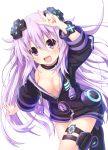  1girl adult_neptune blush breasts cleavage d-pad hair_ornament hood jacket long_hair looking_at_viewer neptune_(series) open_mouth purple_hair shin_jigen_game_neptune_vii smile solo track_jacket v violet_eyes 