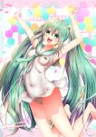  1girl anniversary arms_up barefoot breasts character_name covered_navel eyebrows_visible_through_hair green_eyes green_hair hatsune_miku highres jumping long_hair looking_at_viewer musical_note open_mouth raayu_(0u_rayu) sailor_collar small_breasts solo twintails v very_long_hair vocaloid 