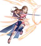  1girl brown_eyes brown_hair fire_emblem fire_emblem_heroes fire_emblem_if fuji_choko full_body headband highres katana kazahana_(fire_emblem_if) long_hair official_art open_mouth sandals solo sword teeth transparent_background weapon 