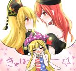  3girls american_flag_dress bare_shoulders black_shirt blonde_hair blush closed_eyes clownpiece from_side hands_on_own_face hat headdress hecatia_lapislazuli highres hisin imagining jester_cap junko_(touhou) long_hair looking_at_another multiple_girls neck_ruff off-shoulder_shirt open_mouth polos_crown red_eyes redhead shirt sleeveless star thought_bubble touhou translation_request very_long_hair 