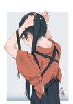  1girl adjusting_hair black_hair closed_eyes commentary_request from_behind hakama houshou_(kantai_collection) japanese_clothes kantai_collection long_hair nape ponytail simple_background solo tasuki tying_hair ume_(plumblossom) 