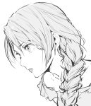  1girl bangs braid close-up commentary enami_katsumi face from_side greyscale hair_over_shoulder highres lips long_hair looking_afar monochrome parted_lips profile simple_background single_braid sketch solo white_background 