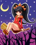  1girl ashley_(warioware) bangs big_hair black_hair blush broom broom_riding closed_mouth collarbone crescent_moon dress flat_chest full_body gradient gradient_background hairband halloween highres long_hair long_sleeves moon neckerchief no_legwear orange_hairband orange_neckerchief outline red_dress red_eyes red_shoes shoes sidesaddle sigurd_hosenfeld skull solo star tree two-tone_background upskirt very_long_hair warioware white_outline 