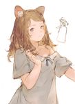  animal_ears bangs bare_shoulders blush bottle brown_hair cat_ears closed_mouth collarbone commentary_request copyright_request grey_eyes grey_shirt highres junwool long_hair messy_hair off_shoulder partially_colored shirt sketch spray_bottle swept_bangs wavy_mouth white_background 