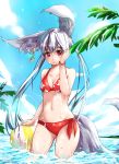 1girl animal_ears arm_at_side ball bangs beachball bikini blade_&amp;_soul blue_sky bracelet breasts cleavage contrapposto day ear_piercing gold grey_hair hand_on_own_face highres hmw_(pixiv7054584) jewelry leaf long_hair looking_at_viewer medium_breasts navel piercing red_bikini red_eyes sky solo standing star star_print stomach sunlight swimsuit tail very_long_hair wading water wet 