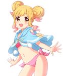  1girl :d aikatsu! bangs bikini blonde_hair blue_jacket blush brown_eyes character_request commentary_request contrapposto eyebrows_visible_through_hair from_side gradient_hair highres jacket jacket_on_shoulders looking_at_viewer multicolored_hair navel open_mouth outstretched_arms pink_bikini pink_hair pom_pom_(clothes) sekina side-tie_bikini simple_background sleeveless_jacket smile solo standing swimsuit tied_hair white_background 
