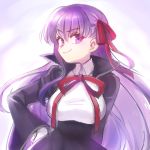  1girl bb_(fate/extra_ccc) breasts fate/extra fate/extra_ccc fate_(series) gloves hair_ribbon hanjuku_tomato large_breasts long_hair looking_at_viewer purple_hair ribbon smile smug solo very_long_hair violet_eyes white_gloves 