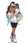  1girl absurdres breasts dark_skin full_body green_eyes highres iida_(splatoon) jacket long_hair looking_at_viewer mole mole_under_mouth multicolored_hair octarian puchiman simple_background splatoon splatoon_2 tentacle_hair white_background zipper 