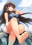  1girl alternate_costume bangs barefoot black_eyes black_hair blunt_bangs breasts feet hair_ribbon isokaze_(kantai_collection) kantai_collection legs_crossed long_hair looking_at_viewer medium_breasts one-piece_swimsuit parted_lips pov_feet ribbon shaded_face smile solo swimsuit takase_muu tress_ribbon 