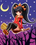  1girl alternate_legwear ashley_(warioware) bangs big_hair black_hair black_legwear blush broom broom_riding closed_mouth collarbone commentary_request crescent_moon deviantart dress flat_chest full_body gradient gradient_background hairband halloween highres intelligent_systems loli long_hair long_sleeves moon neckerchief nintendo orange_hairband orange_neckerchief outline red_dress red_eyes red_shoes shoes sidesaddle sigurd_hosenfeld skull solo star thigh-highs tree tsundere two-tone_background upskirt very_long_hair warioware white_outline 