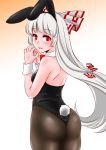  1girl animal_ears ass back bangs bare_arms bare_shoulders bow bunny_girl bunny_tail bunnysuit closed_mouth cowboy_shot detached_collar eyebrows_visible_through_hair fake_animal_ears fake_tail from_behind fujiwara_no_mokou grey_hair hair_bow hands_together hands_up highres leotard lips long_hair looking_at_viewer looking_back pantyhose rabbit_ears red_eyes shiraue_yuu shoulder_blades smile solo tail touhou very_long_hair wrist_cuffs 