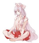  1girl asakura_noi fujiwara_no_mokou grey_hair hair_ribbon indian_style long_hair ofuda open_clothes open_shirt red_eyes ribbon shirt sitting solo suspenders touhou very_long_hair white_background white_hair 