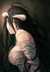  1girl ahoge albedo bare_shoulders black_hair breasts chains demon_girl dress eyelashes gold_chain hair_between_eyes highres horns jewelry large_breasts long_hair looking_at_viewer mstm overlord_(maruyama) parted_lips slit_pupils smile solo upper_body very_long_hair yellow_eyes 