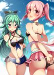  2girls adapted_costume ass bikini bikini_skirt black_bikini black_ribbon blue_hair clouds from_behind front-tie_top gradient_hair green_eyes green_hair hair_between_eyes hair_ribbon harusame_(kantai_collection) hinauri_(nurupon) kantai_collection long_hair looking_back multicolored_hair multiple_girls pink_hair ponytail red_eyes ribbon sarong side_ponytail sky swimsuit yamakaze_(kantai_collection) 