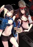  2girls amplifier artoria_pendragon_(all) bangs belt bikini black_background black_bikini black_hair black_shorts blonde_hair blue_eyes breasts closed_mouth collarbone demon_archer eyebrows_visible_through_hair fate/grand_order fate_(series) frilled_bikini frills hat headphones headphones_around_neck highres holding holding_sword holding_weapon jacket letterman_jacket long_hair looking_at_viewer medium_breasts mouth_hold multiple_girls mysterious_heroine_x navel oda_nobunaga_(swimsuit_berserker)_(fate) open_clothes open_jacket open_track_jacket peaked_cap planted_sword planted_weapon ponytail red_eyes shiguru shorts simple_background smile standing swimsuit sword thighs weapon 