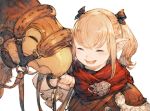  1girl :d ^_^ black_ribbon blonde_hair blush bridle closed_eyes final_fantasy final_fantasy_xiv hair_ribbon holding junwool lalafell open_mouth pointy_ears red_scarf ribbon scarf simple_background sketch smile twintails upper_body white_background 