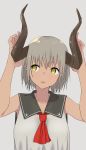  1girl absurdres arms_up bangs blouse blush bouen collarbone dark_skin demon_horns grey_background grey_blouse grey_hair highres horns looking_to_the_side neckerchief open_mouth original red_neckerchief sailor_collar short_hair sidelocks simple_background sleeveless_blouse solo yellow_eyes 