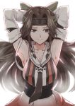  1girl armpits arms_up black_eyes bow breasts brown_hair cleavage detached_sleeves hair_bow headband highres jintsuu_(kantai_collection) kantai_collection long_hair solo tying_headband wo_jianqiang_fu_guo 