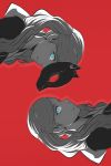  2girls artist_name blue_eyes earrings jewelry koyorin long_hair looking_at_viewer mask multiple_girls persona persona_5 red_background rotational_symmetry silver_hair simple_background smile takamaki_anne twintails 