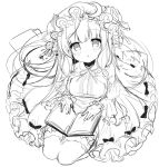  1girl :o bangs blunt_bangs book bow breasts capelet commentary_request crescent crescent_hair_ornament dress full_body hair_bow hair_ornament hat large_breasts long_hair looking_at_viewer mob_cap patchouli_knowledge seiza shiika_yuno simple_background sitting sketch solo touhou white_background 