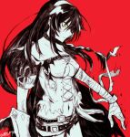  1girl bandage bare_shoulders belt black_hair breasts choker collarbone highres long_hair medium_breasts monochrome solo tales_of_(series) tales_of_berseria torn_clothes under_boob velvet_crowe very_long_hair 