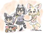  3girls :d animal_ears black_bow black_bowtie black_hair black_skirt blonde_hair bow bowtie common_raccoon_(kemono_friends) fang fennec_(kemono_friends) fox_ears fox_tail fur_collar grey_hair grey_sweater if_they_mated kemono_friends miniskirt multicolored_hair multiple_girls open_mouth pantyhose panzuban pink_sweater pleated_skirt raccoon_ears raccoon_tail rope short_hair skirt smile sweater tail tricycle twitter_username white_legwear white_skirt yellow_bow yellow_bowtie yellow_legwear 