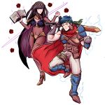  1boy 1girl absurdres blue_hair book cape fingerless_gloves fire_emblem fire_emblem:_akatsuki_no_megami fire_emblem:_kakusei fire_emblem:_souen_no_kiseki fire_emblem_heroes gloves headband highres holding holding_book holding_sword holding_weapon ike long_hair looking_at_viewer pauldrons simple_background sword tharja thigh-highs weapon white_background 