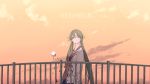  1girl bangs blush closed_mouth clouds cloudy_sky evening grey_hair hair_ornament hatsune_miku highres light_smile long_hair looking_up orange_sky outdoors railing sky smile solo standing twintails upper_body very_long_hair violet_eyes vocaloid yushika 