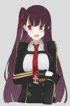  1girl bangs black_gloves blush collared_shirt cropped_torso double-breasted eyebrows_visible_through_hair fhang girls_frontline gloves long_hair long_sleeves looking_to_the_side military military_uniform necktie one_side_up open_mouth purple_hair red_eyes red_necktie shirt solo teeth underbust uniform upper_body wa2000_(girls_frontline) white_shirt 