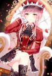  1girl absurdres black_boots black_skirt blush boots breasts closed_mouth eyebrows_visible_through_hair fate/grand_order fate_(series) gloves hat highres junpaku_karen knee_boots large_breasts legs_crossed looking_at_viewer medb_(fate/grand_order) pink_hair red_hat short_hair sitting skirt solo white_gloves yellow_eyes 