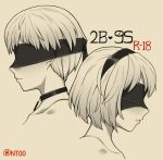  1boy 1girl blindfold blush choker comic cover cover_page covered_eyes from_side greyscale hairband monochrome nier_(series) nier_automata nt00 patreon_username portrait short_hair yorha_no._2_type_b yorha_no._9_type_s 