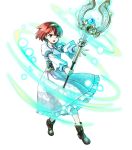  1girl bob_cut boots dress fire_emblem fire_emblem:_mystery_of_the_emblem fire_emblem_heroes full_body hairband highres jewelry kaya8 maria_(fire_emblem) necklace official_art open_mouth red_eyes redhead solo staff tiara transparent_background white_dress 