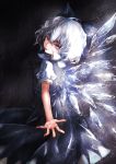  1girl bare_arms blue_dress blue_eyes blue_hair bow cirno dress from_behind hair_between_eyes hair_bow highres ice ice_wings joker_(stjoker) looking_at_viewer looking_back short_hair short_sleeves solo tongue tongue_out touhou wings 