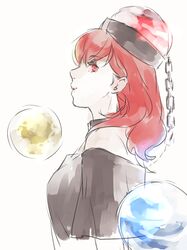  1girl asakura_noi choker earth_(ornament) hat hecatia_lapislazuli long_hair looking_at_viewer moon_(ornament) polos_crown profile red_eyes redhead solo touhou white_background 