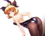  1girl alternate_costume animal_ears ass back bare_arms bare_shoulders blonde_hair bow breasts brown_bow brown_legwear bunny_girl bunnysuit closed_mouth commentary_request dutch_angle hair_bow hair_bun kurodani_yamame leaning_forward long_hair looking_at_viewer medium_breasts mono_(moiky) pantyhose rabbit_ears red_eyes shiny shiny_clothes simple_background solo topknot touhou white_background 