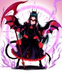  1girl bare_shoulders black_hair breasts choker cleavage dragon_wings dress dutch_angle elbow_gloves fantasy fengya gloves gothic_lolita high_heels highres horns lace-trimmed_choker lolita_fashion magic_circle magical_girl medium_breasts original scythe tail violet_eyes wings 