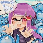  1girl ;d apple_hair_ornament bangs black_shirt blunt_bangs conomi-c5 copyright_name domino_mask eyebrows_visible_through_hair fangs food_themed_hair_ornament hair_ornament headgear inkling jellyfish_(splatoon) long_hair looking_at_viewer mask one_eye_closed open_mouth pointy_ears portrait purple_hair red_eyes shirt short_sleeves smile splatoon splatoon_2 tentacle_hair twitter_username wristband 
