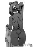  1girl animal_ears arm_up ass back bear_ears bear_tail bike_shorts bodystocking brown_bear_(kemono_friends) commentary_request cowboy_shot from_behind greyscale hand_on_own_head hand_up highres holding holding_clothes kemono_friends kishida_shiki long_sleeves monochrome pantylines shirt shirt_removed short_hair shoulder_blades simple_background solo tail thigh_gap walking white_background 