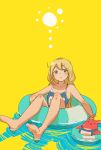  1girl bangs bare_legs barefoot blonde_hair blue_swimsuit blush bouen brown_eyes eyebrows_visible_through_hair floating futaba_anzu highres idolmaster idolmaster_cinderella_girls innertube long_hair looking_at_viewer low_twintails name_tag open_mouth parted_lips school_swimsuit simple_background sitting solo stuffed_animal stuffed_bunny stuffed_toy swimsuit twintails yellow_background 