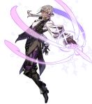  1boy boots butler dagger fire_emblem fire_emblem_heroes fire_emblem_if fujisaka_kimihiko full_body gloves grey_hair highres joker_(fire_emblem_if) long_hair low_ponytail male_focus official_art solo sparkle transparent_background violet_eyes weapon 