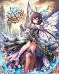  1girl ahoge anklet barefoot black_choker brown_eyes brown_hair brown_sky clouds dress fairy_wings h2o_(dfo) holding holding_staff jewelry looking_at_viewer original outdoors pointy_ears side_cutout solo staff standing standing_on_one_leg tower wings 