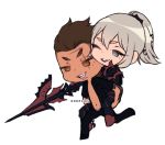  1boy 1girl aranea_highwind armor chibi final_fantasy final_fantasy_xv gladiolus_amicitia image_sample piggyback polearm ponytail scar smile spear tumblr_sample weapon 