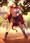  1girl animal_ears backpack bag blurry blurry_background cat_ears cat_tail cherry_in_the_sun collar final_fantasy final_fantasy_xiv full_body head_scarf midriff miqo&#039;te navel orange_hair outdoors parted_lips skirt solo standing tail v&#039;kebbe violet_eyes 