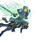  1boy arm_guards armor armored_boots blue_eyes boots fire_emblem fire_emblem:_mystery_of_the_emblem fire_emblem_heroes full_body gloves green_hair highres holding holding_sword holding_weapon izuka_daisuke looking_away male_focus official_art open_mouth pants pauldrons ruke_(fire_emblem) solo sword teeth transparent_background weapon 