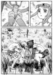  3girls african_wild_dog_(kemono_friends) african_wild_dog_ears african_wild_dog_tail animal_ears bear_ears bear_tail bike_shorts brown_bear_(kemono_friends) catching circlet closed_eyes comic elbow_gloves falling gloves golden_snub-nosed_monkey_(kemono_friends) greyscale highres holding holding_staff holding_weapon kemono_friends kishida_shiki leotard long_hair monkey_ears monkey_tail monochrome motion_lines multiple_girls outdoors pantyhose ponytail shirt short_hair shorts shorts_under_skirt skirt staff tail weapon 