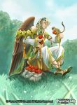  1boy blonde_hair copyright_name feathered_wings flower food force_of_will fruit grass headband long_hair male_focus monkey official_art sandals sitting solo tree wings 